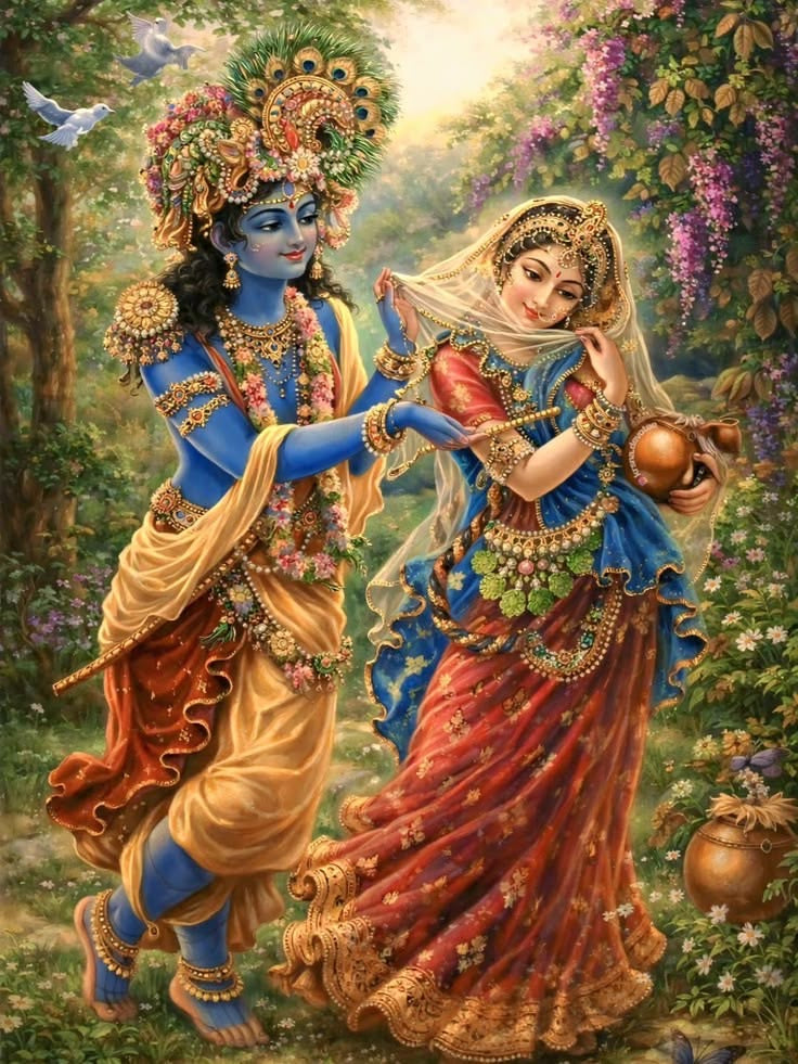 Radha Krishna Garden Divine — Premium Indian Wall Art Print