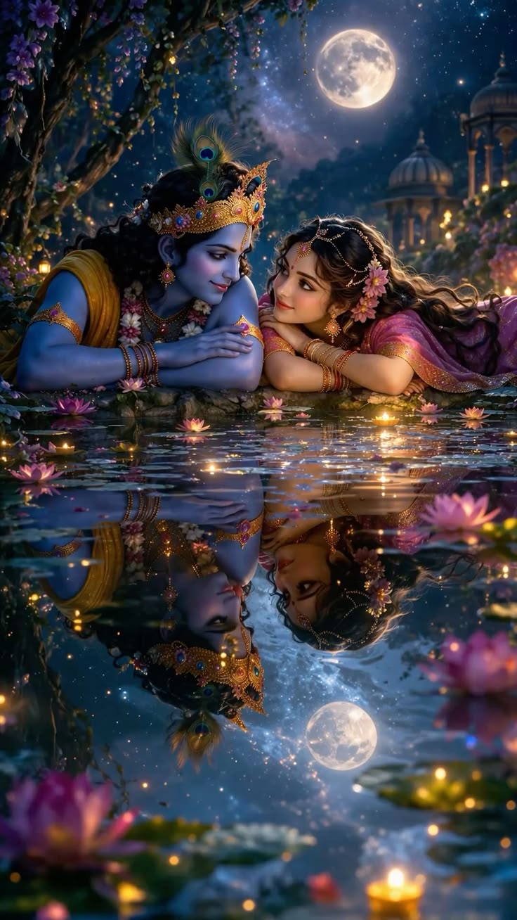 Radha Krishna Moonlit Lotus – Premium Glass Framed Wall Art