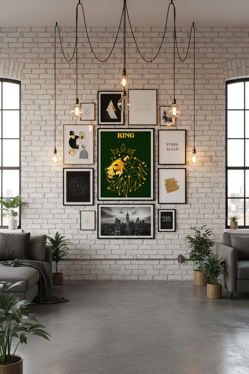 KING lion art print as hero centerpiece in contemporary urban loft gallery wall