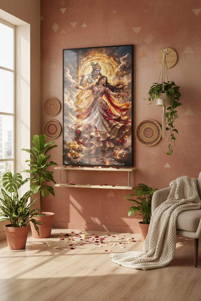 Radha Krishna framed art in boho earthy bedroom