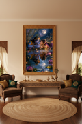 Radha Krishna glass framed art in Indian living room
