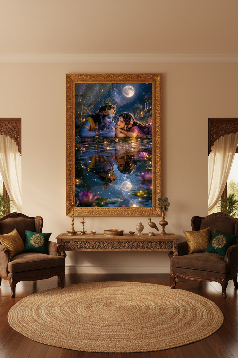 Radha Krishna glass framed art in Indian living room