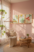 Set of 3 glass framed prints in pastel pink boho teen bedroom