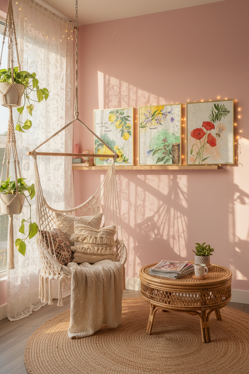 Set of 3 glass framed prints in pastel pink boho teen bedroom