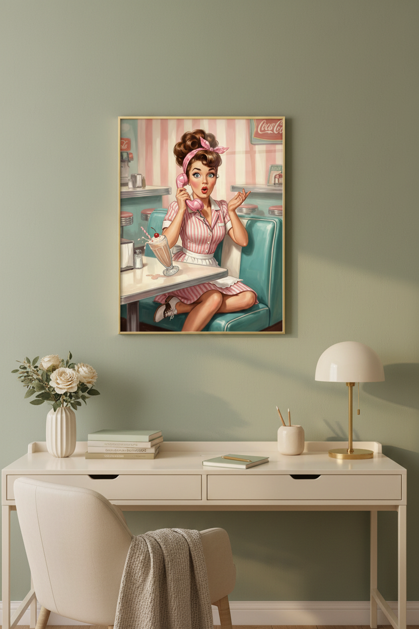Baddie framed wall art in sage green study nook with gold frame