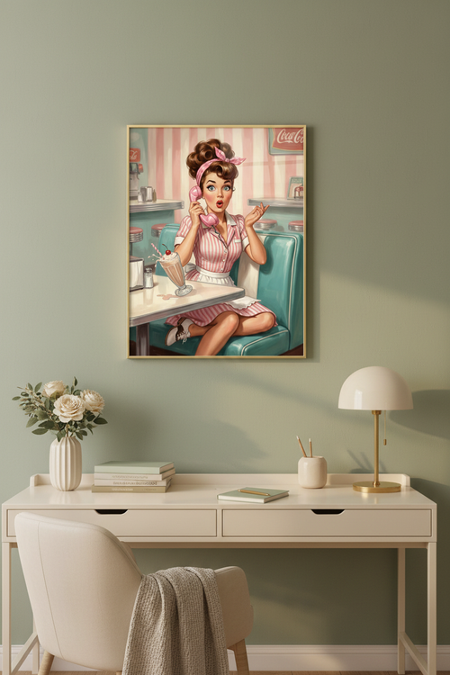 Baddie framed wall art in sage green study nook with gold frame