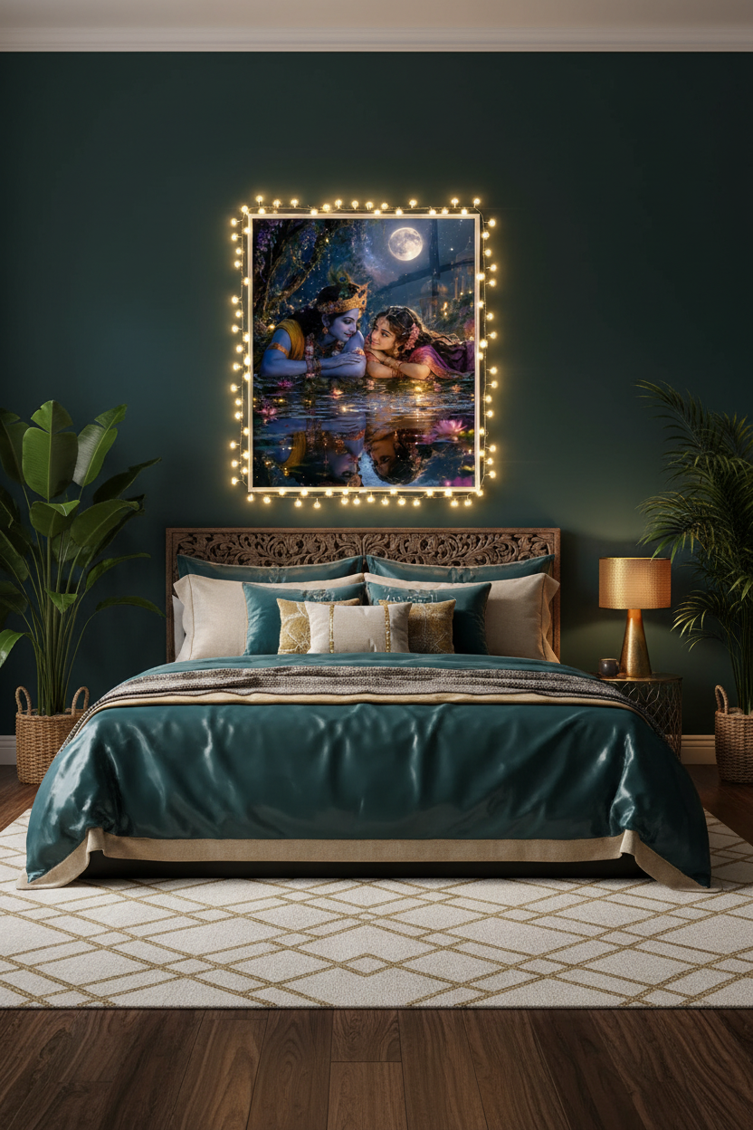 Radha Krishna glass framed art in bedroom