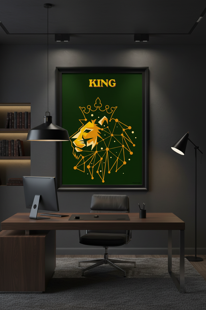 KING lion art print in matte black frame in dark charcoal luxury home office
