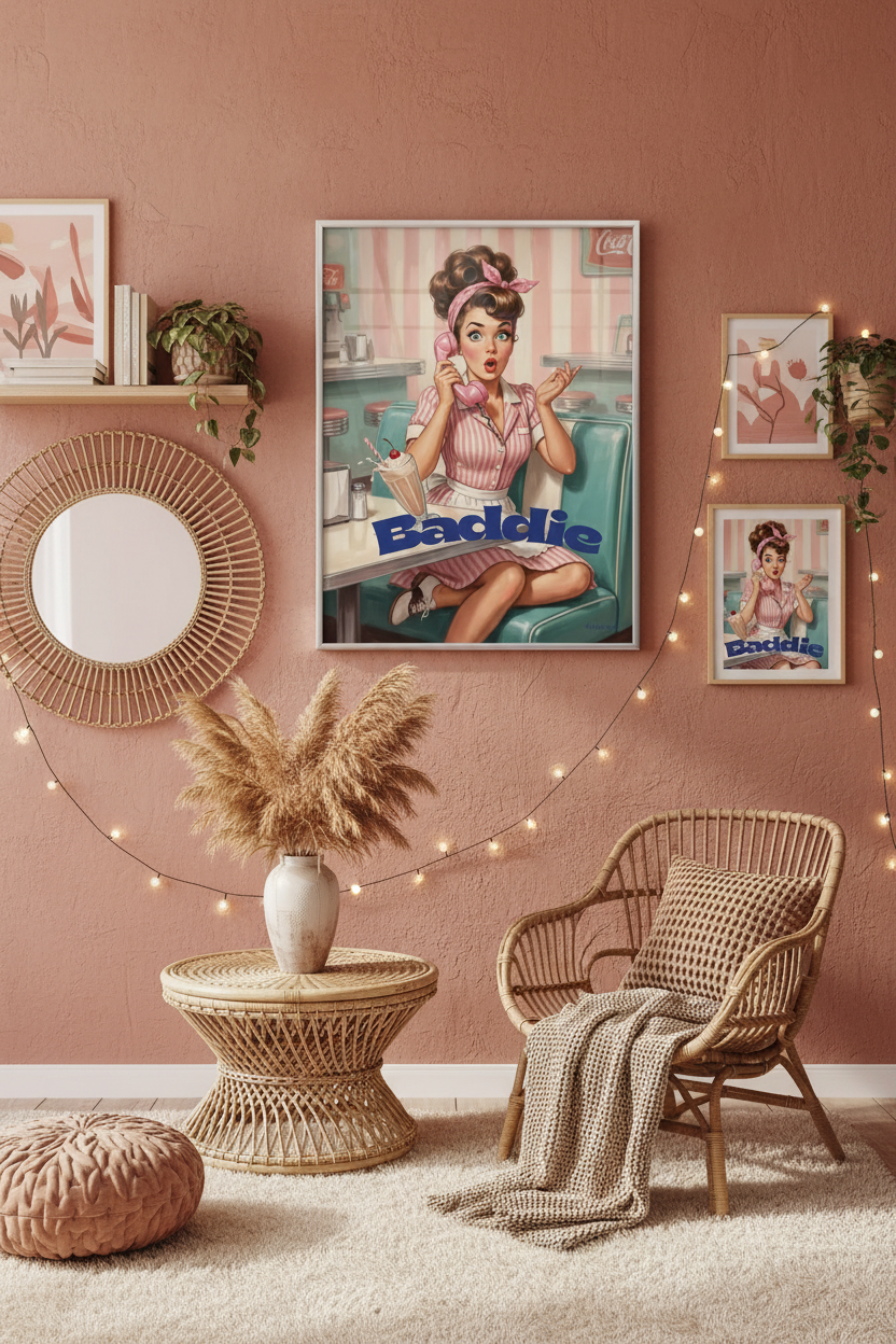 Baddie framed wall art in boho terracotta room with silver frame