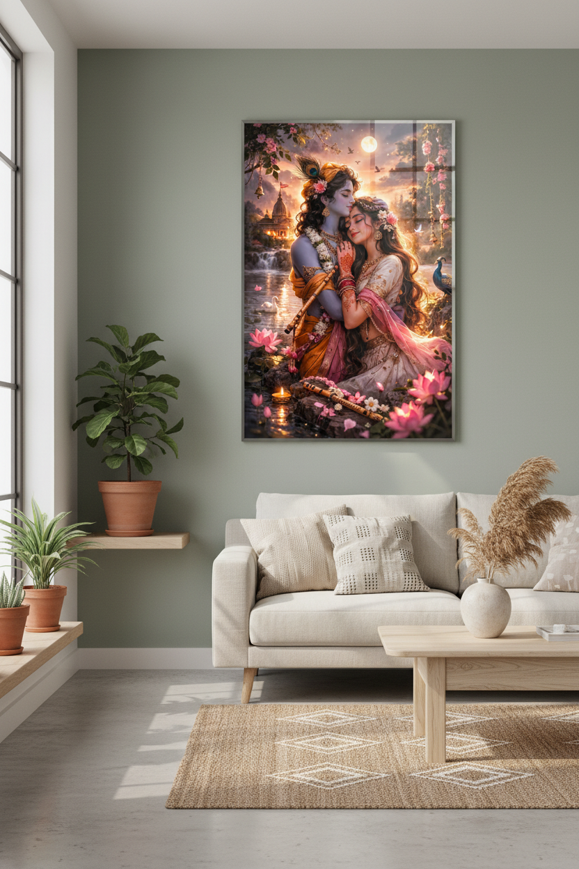 Radha Krishna glass framed wall art in minimalist sage green interior