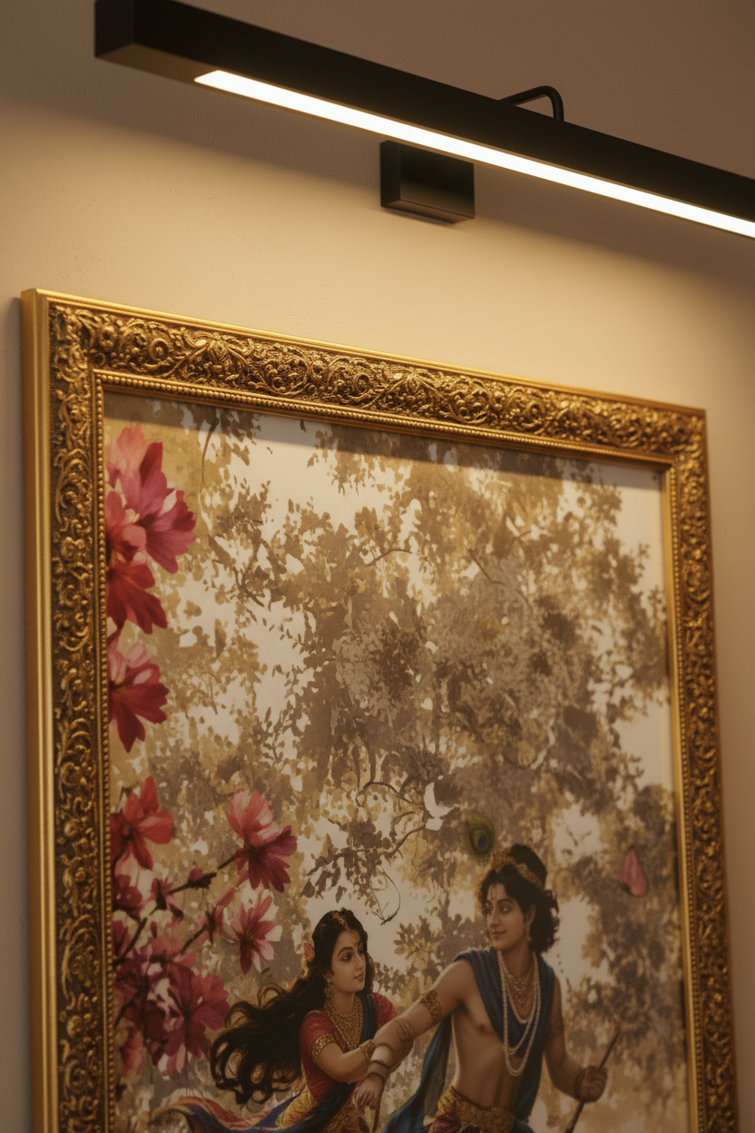 Zoomed gold frame Radha Krishna art with warm spotlight