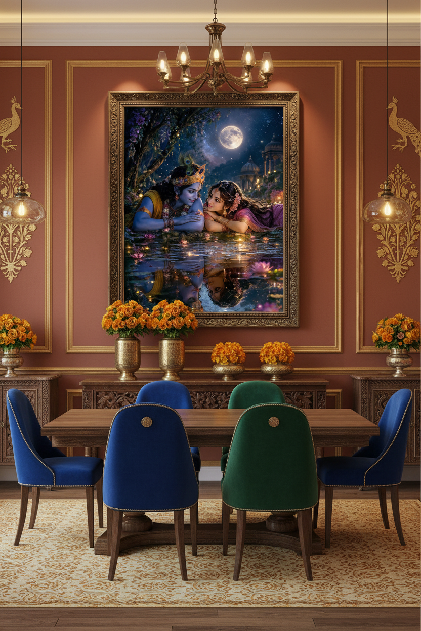Radha Krishna glass framed art in dining room