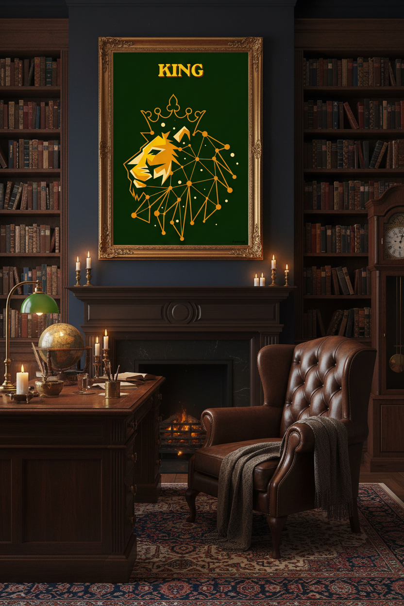 KING lion art print in ornate gold frame in dark academia study with navy walls and bookshelves