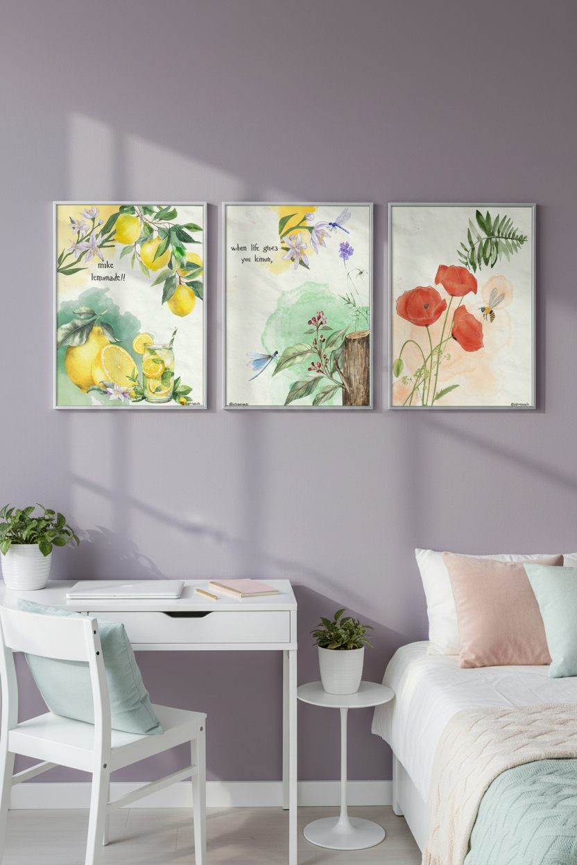 Set of 3 glass framed prints in lavender Scandinavian room