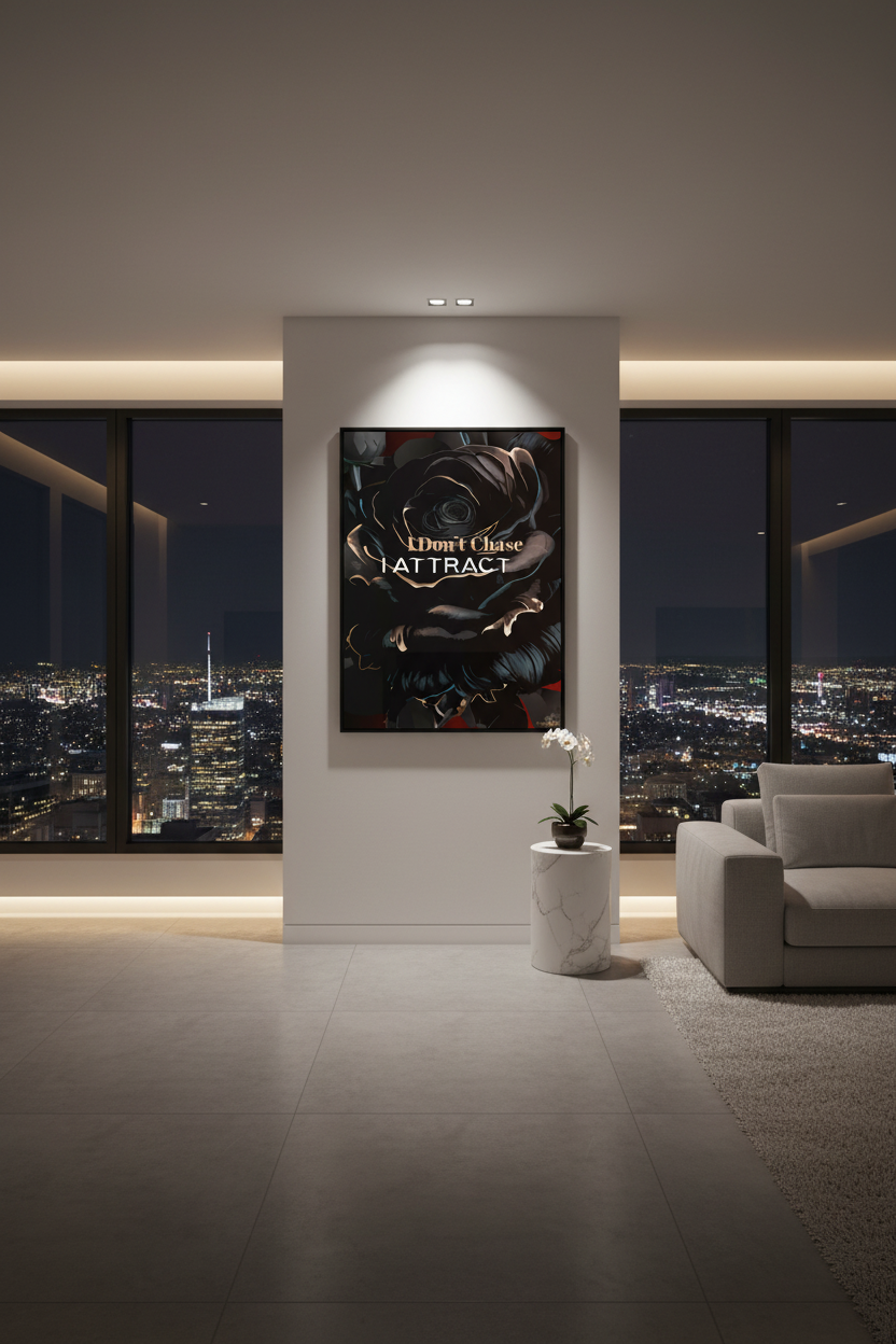 Luxury penthouse interior backdrop with black rose wall art