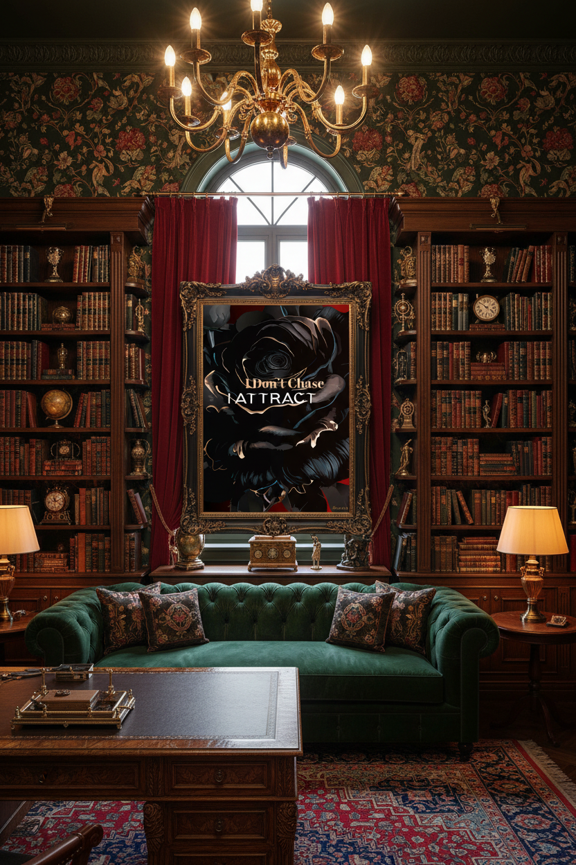 Maximalist study interior backdrop with black rose wall art