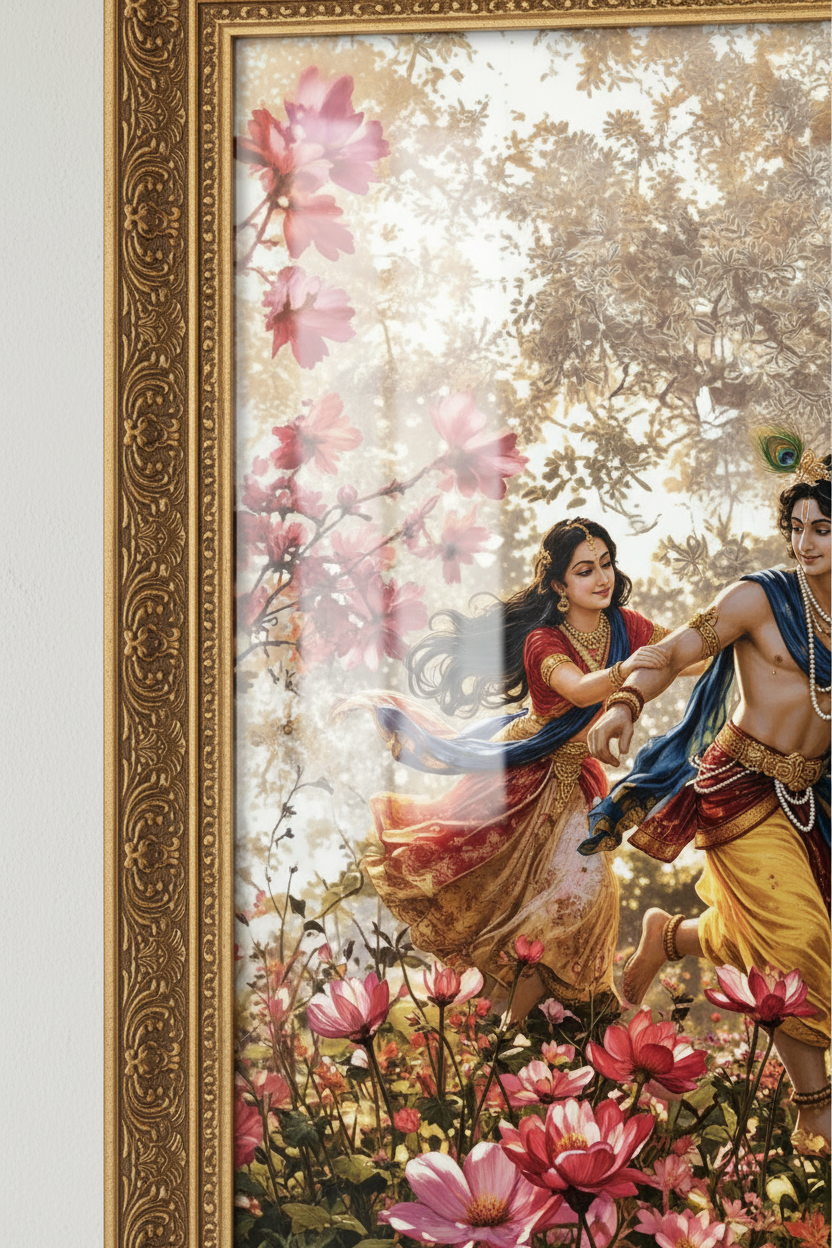 Close-up of Radha Krishna framed art with glass on white wall