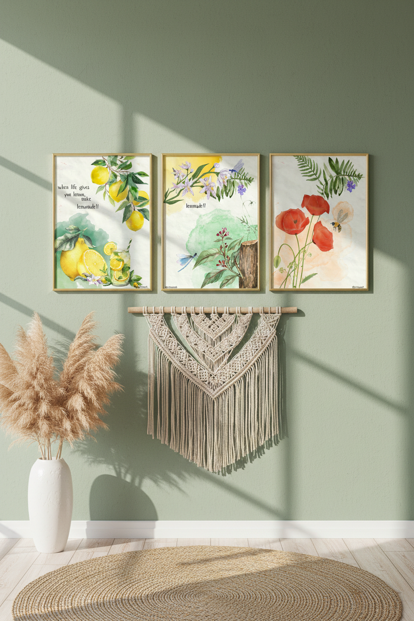 Set of 3 glass framed prints in sage green modern boho room