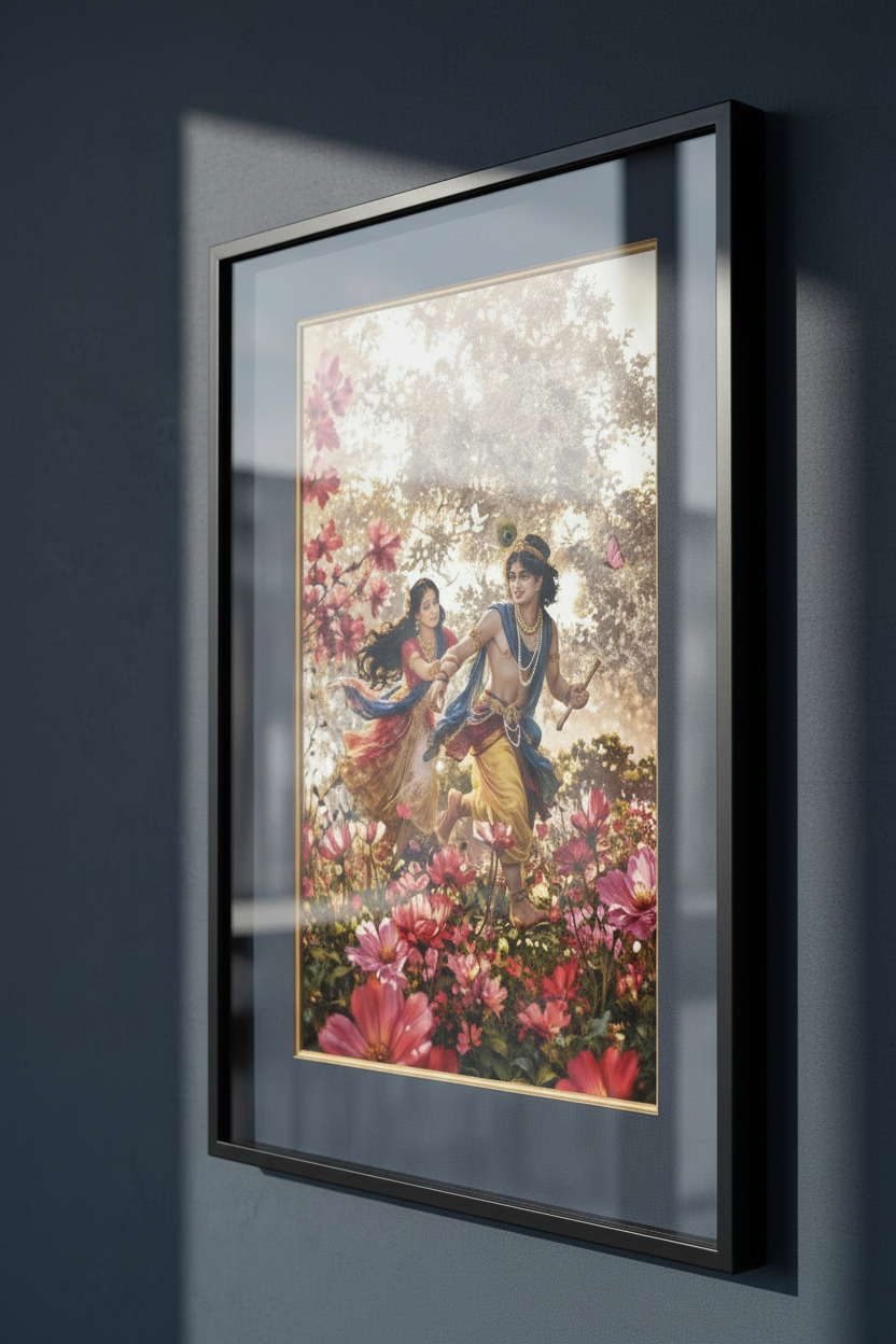 Macro close-up black frame Radha Krishna art with glass