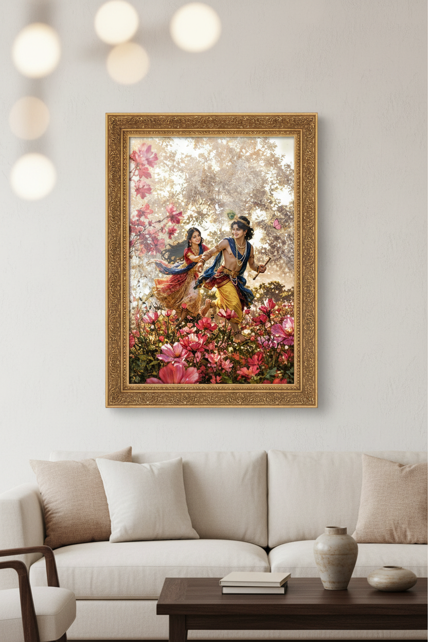 Radha Krishna framed wall art in luxe white living room