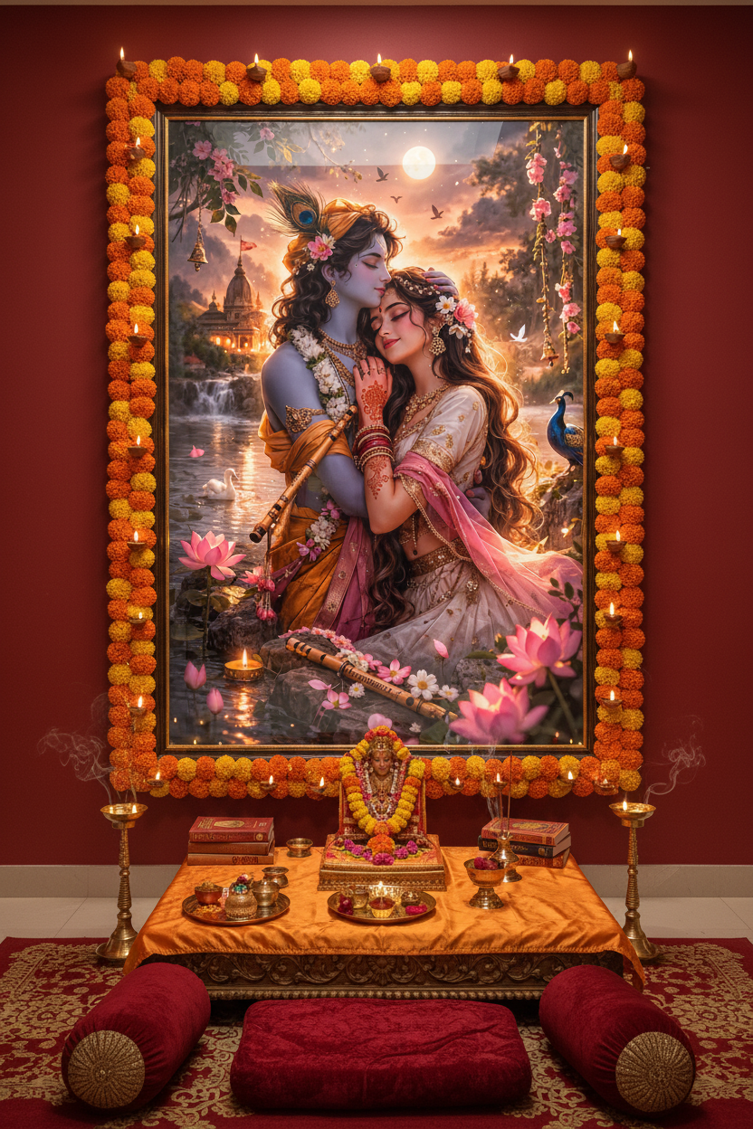 Radha Krishna glass framed wall art in traditional Indian pooja room