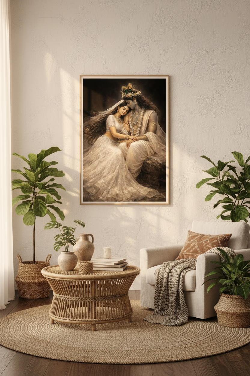 Radha Krishna print on boho living room wall with window shadows