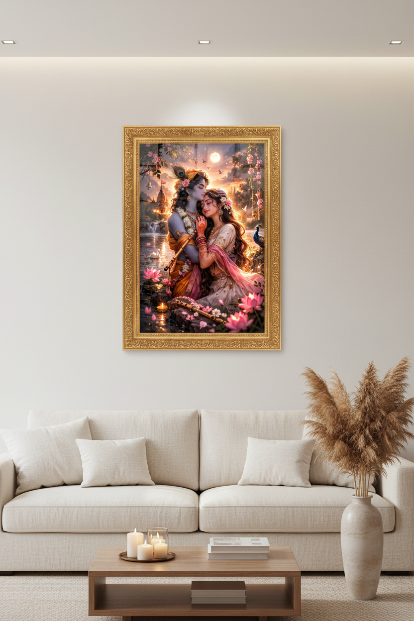 Radha Krishna glass framed wall art in luxury modern living room