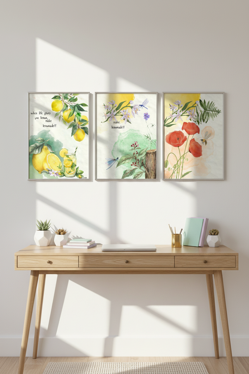 Set of 3 glass framed prints in white minimalist teen room