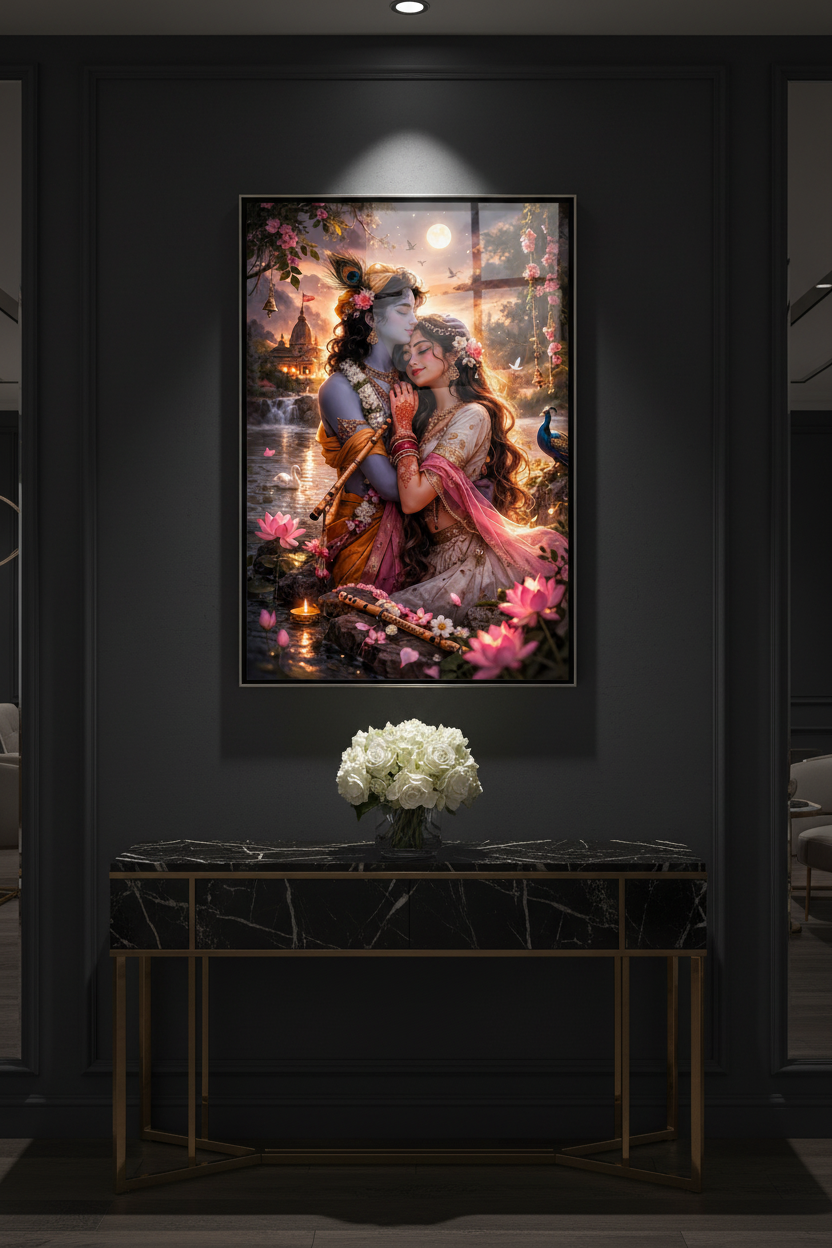 Radha Krishna glass framed wall art in dark moody luxury interior