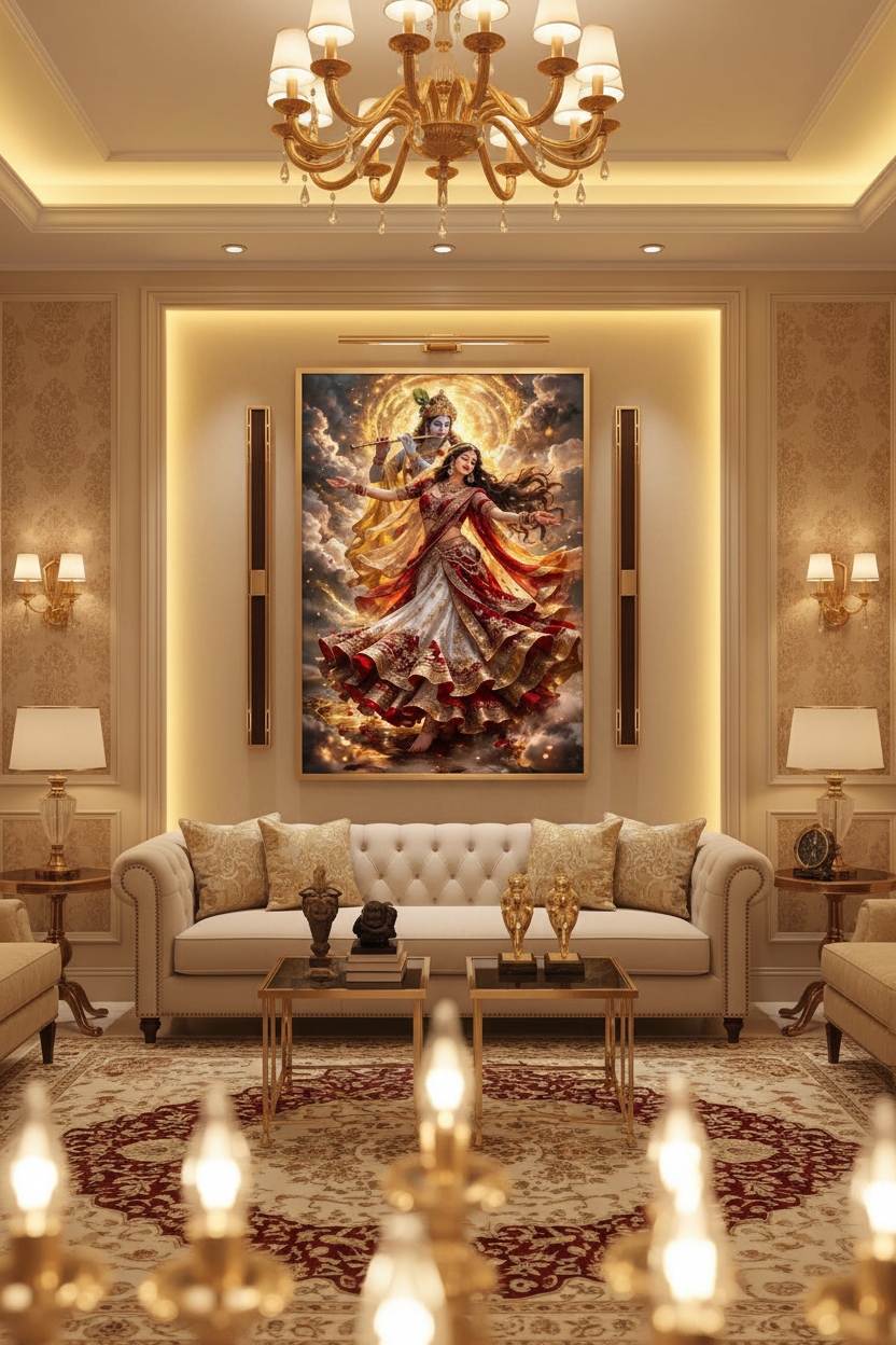 Radha Krishna framed art in warm golden living room