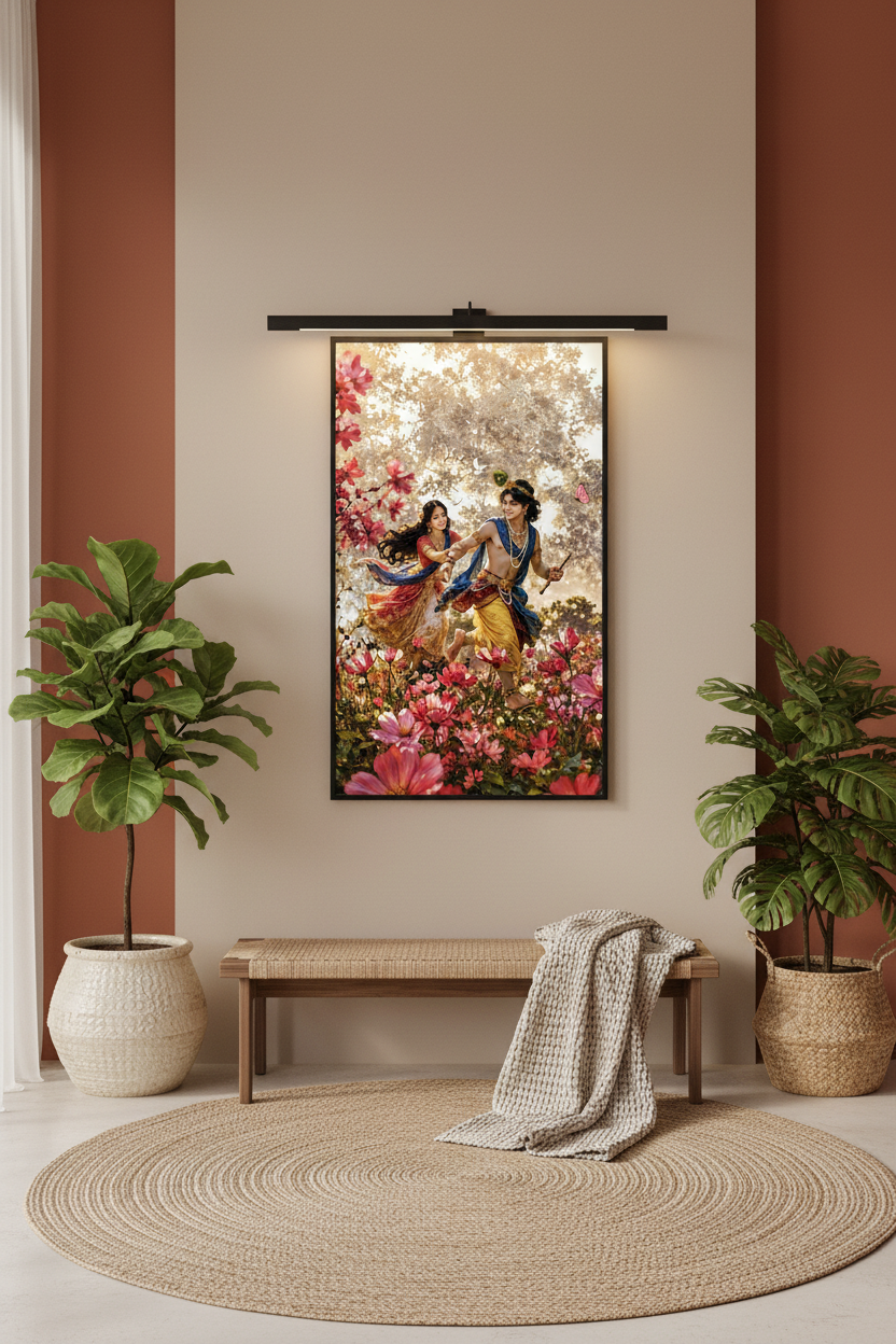 Radha Krishna framed art on boho minimalist wall rack