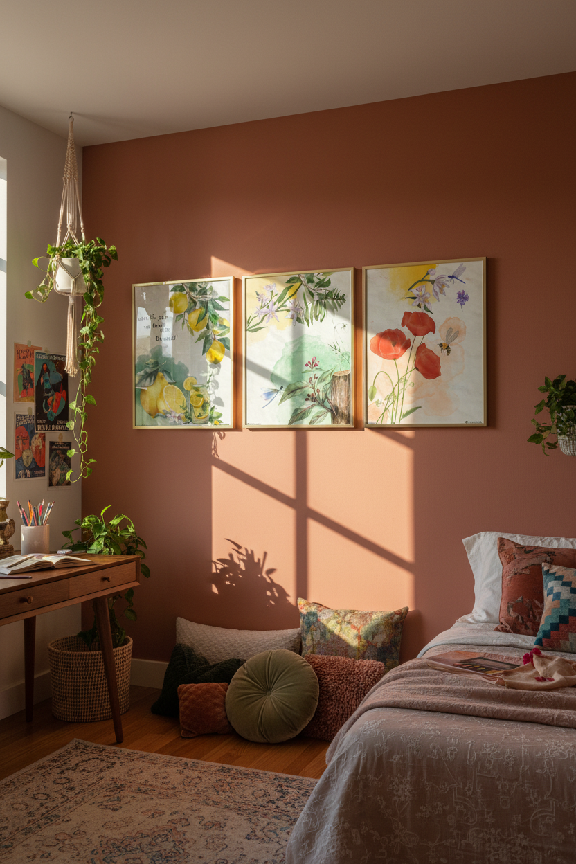 Set of 3 glass framed prints in terracotta eclectic bedroom