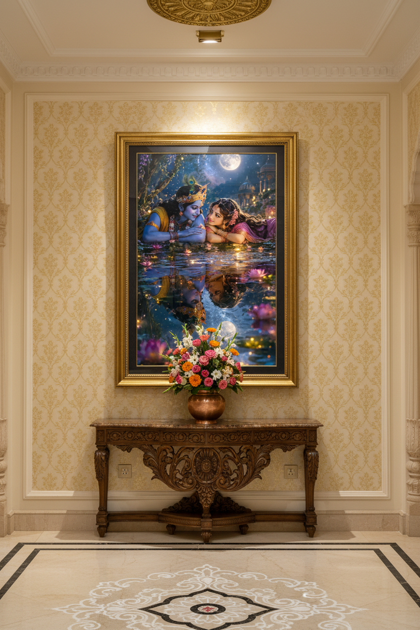 Radha Krishna glass framed art in entryway foyer