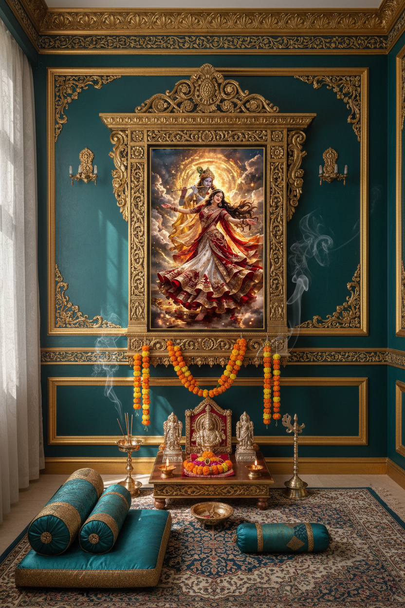 Radha Krishna framed art in Indian luxury pooja room