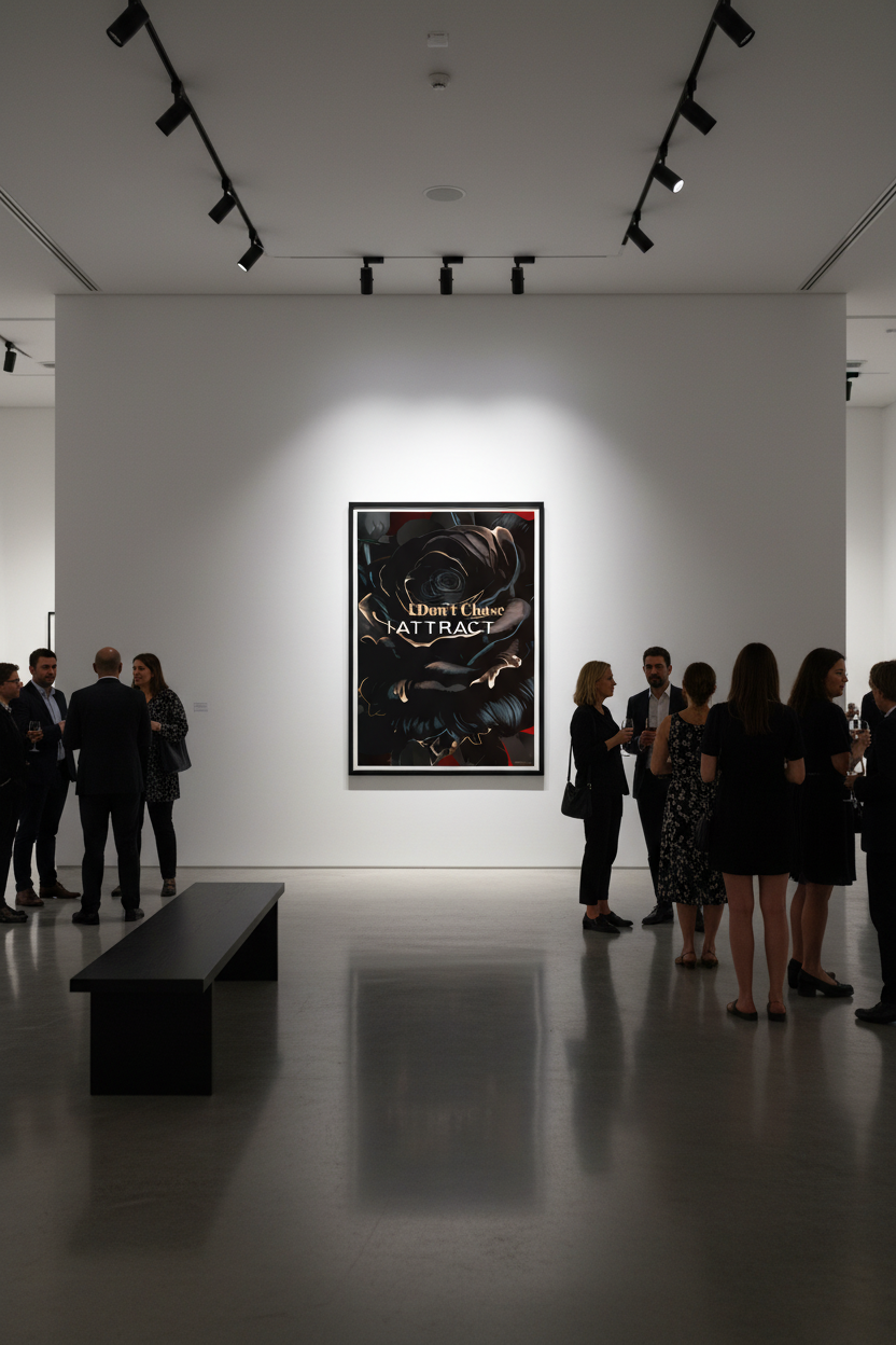 Contemporary art gallery backdrop with black rose wall art