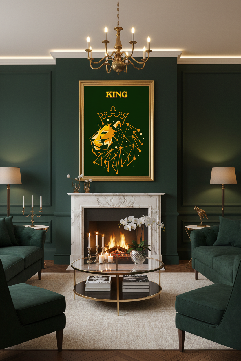 KING lion art print framed in gold above marble fireplace in luxury emerald living room