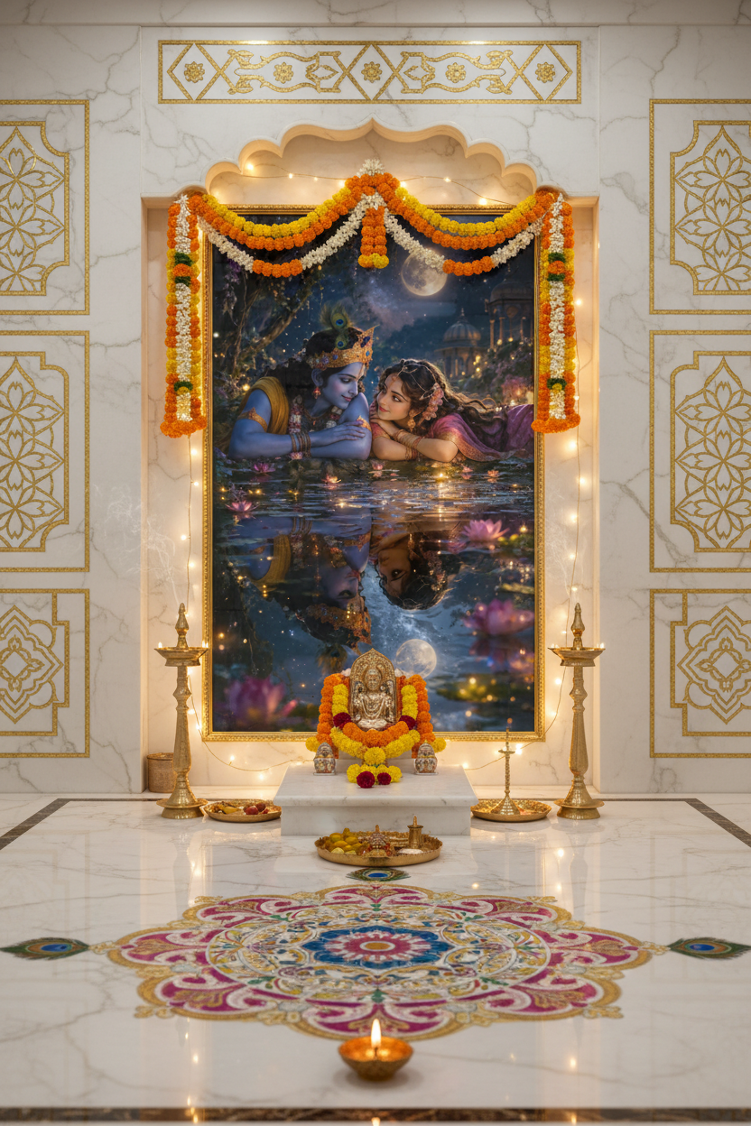 Radha Krishna glass framed art in pooja room