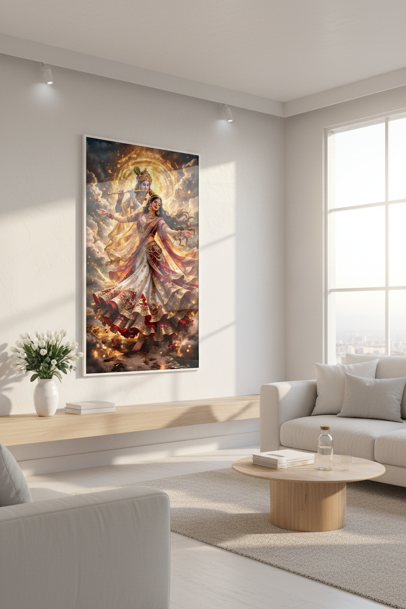 Radha Krishna framed art in minimalist white room