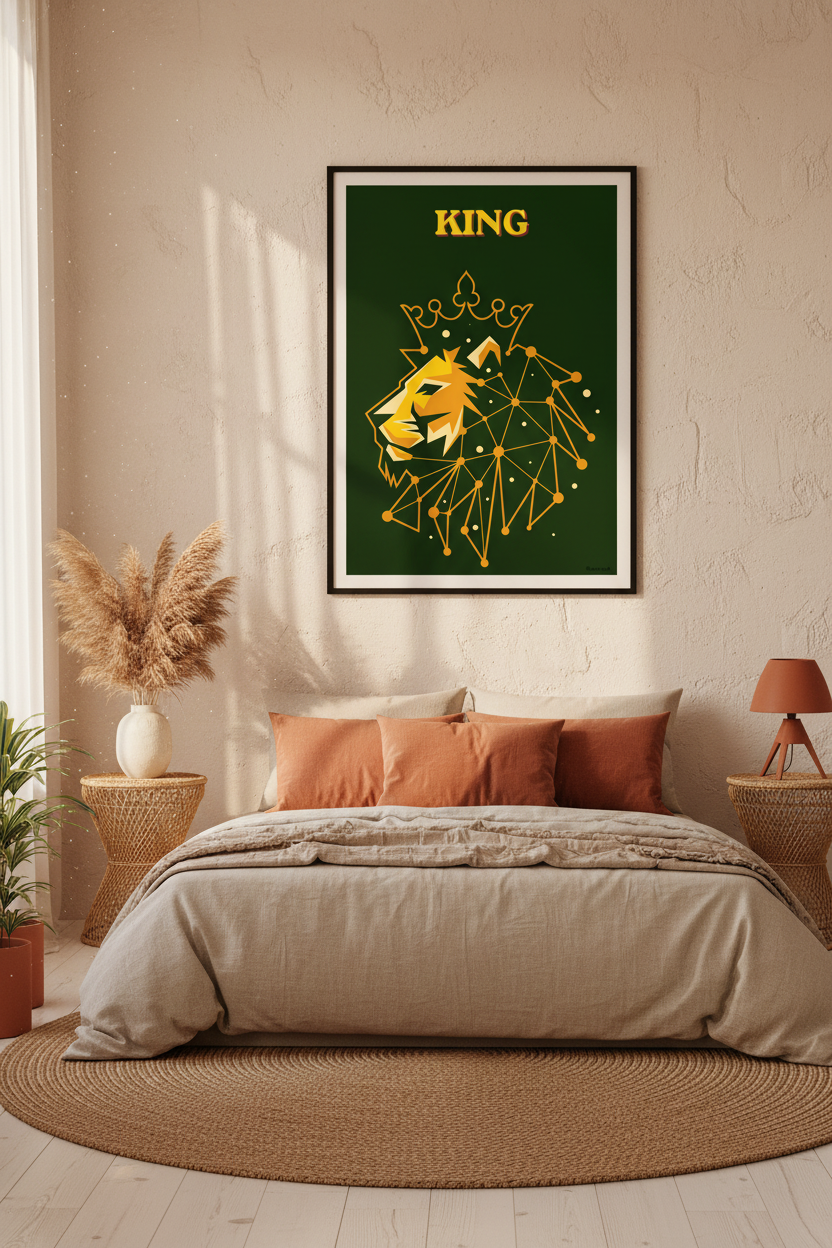 KING lion art print in boho bedroom with terracotta tones and rattan furniture