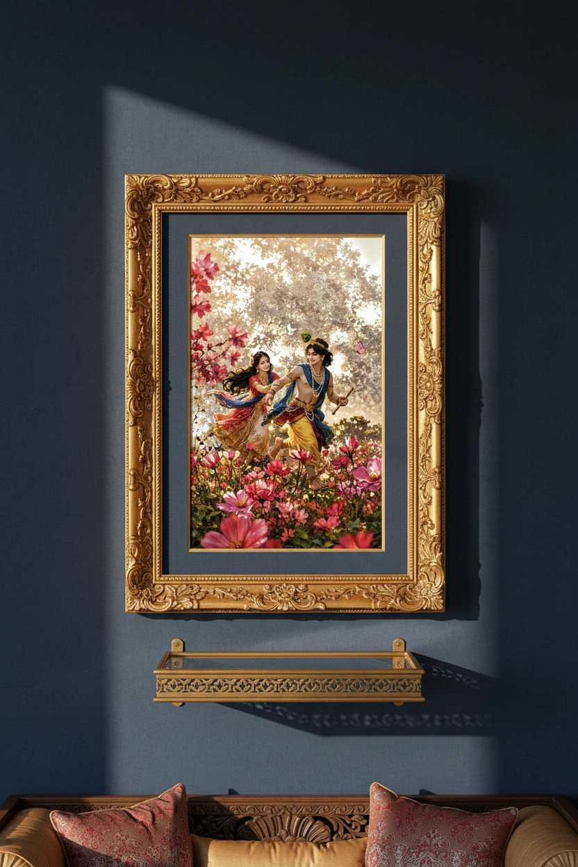 Radha Krishna gold frame on navy accent wall